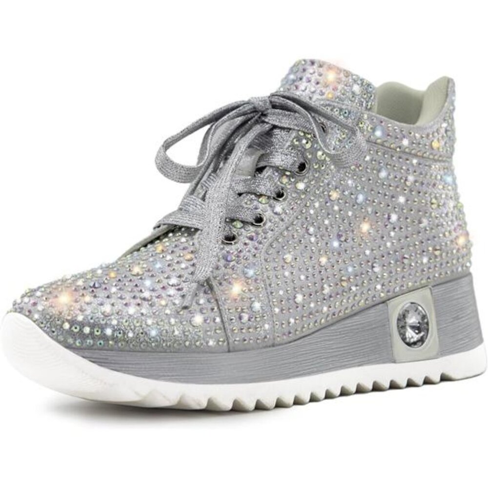 Women's Fashion Glitter Sneakers Platform Wedge Shoes Sparkly Rhinestone HighTop